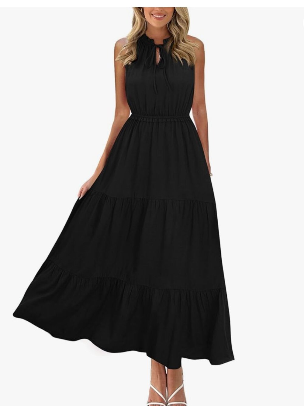 Sleeveless Maxi Dress Tie Neck Ruffle Hem A-Line Size L
